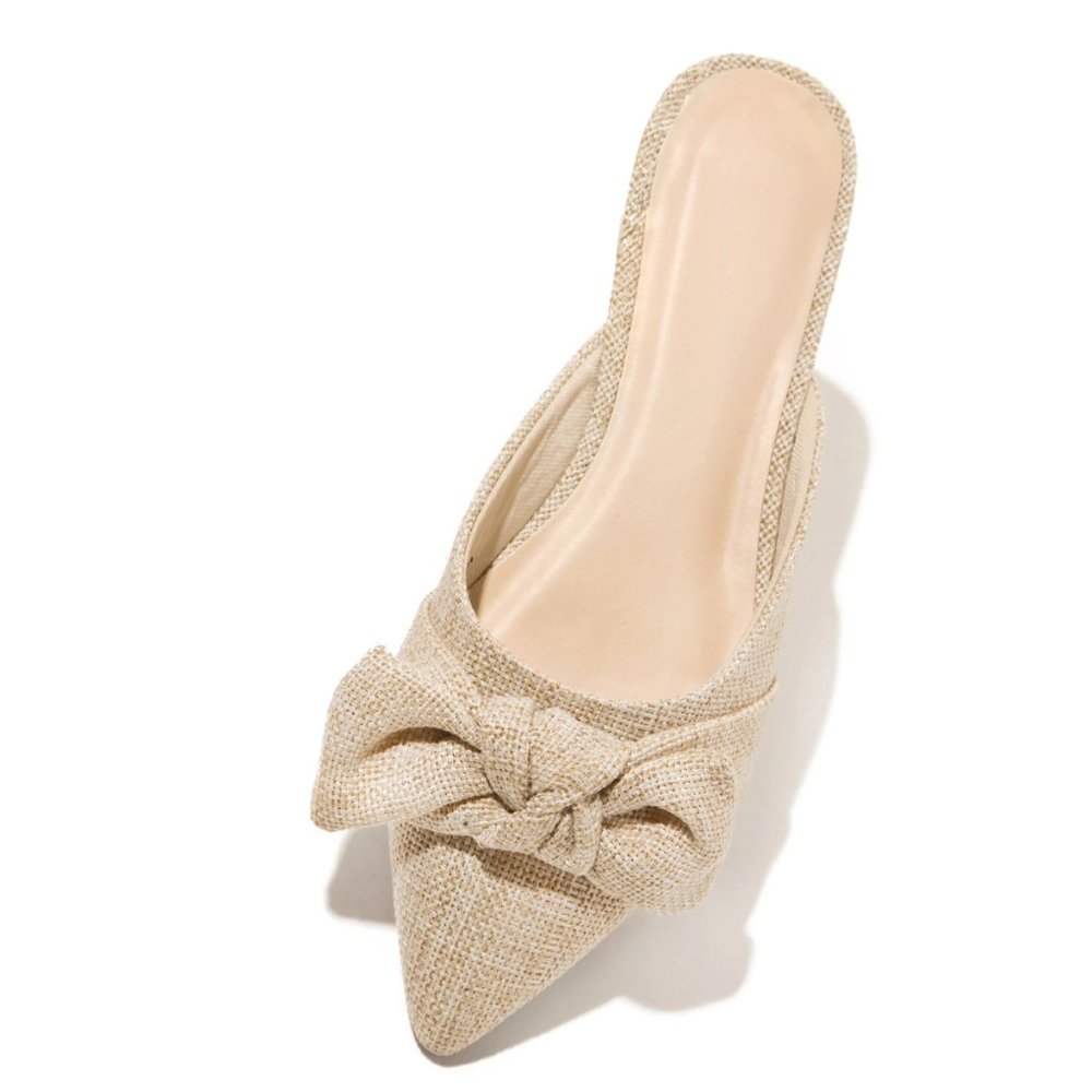 NEW🔥 Linen Weave Bow-Tie Flat Mule Sandal Loafers - Picture 4 of 6